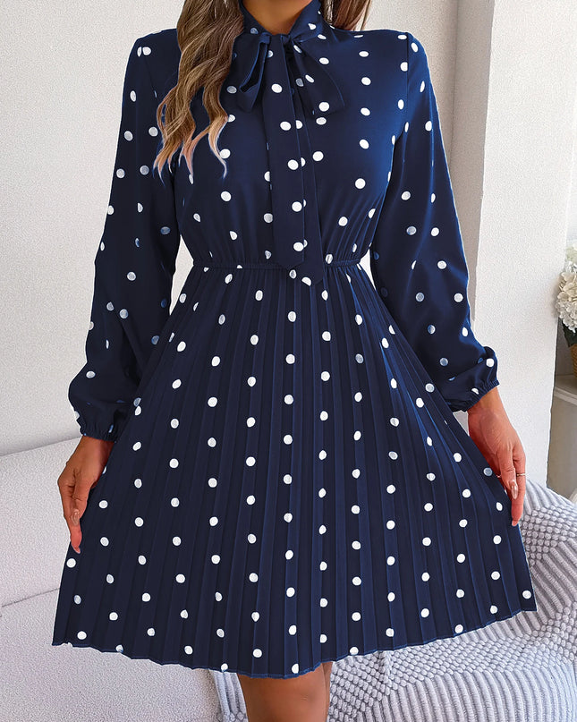 Polka Dot Lace-Up Pleated Dress