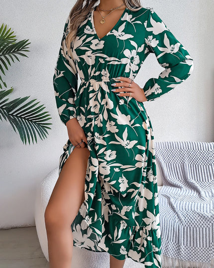 V Neck Floral Ruffled Maxi Dress