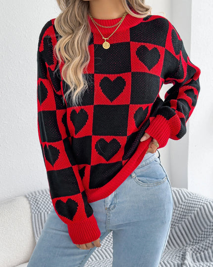 Plaid Heart Pattern Knit Sweater