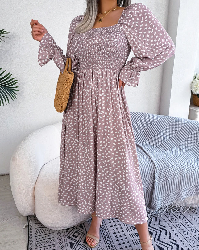 Polka Dot Square Neck Long Sleeve Dress