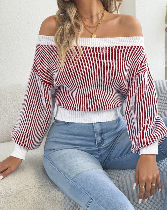 Off Shoulder Stripe Knit Sweater