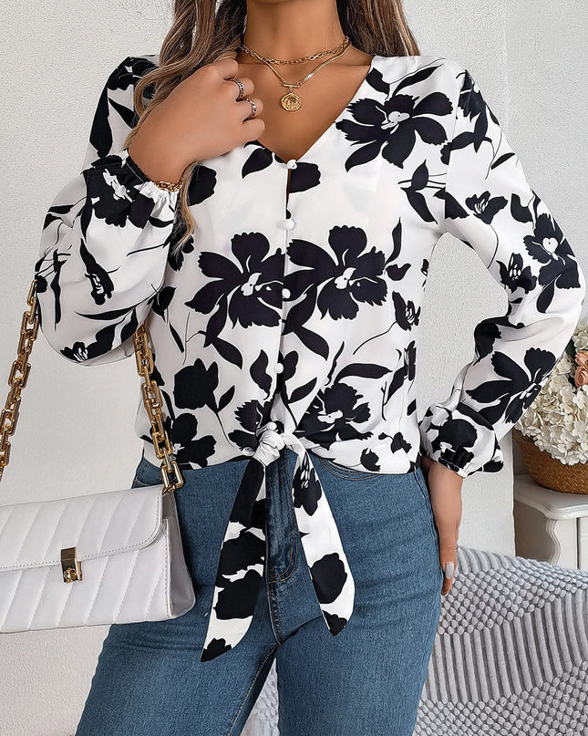 Flower Print Lace Up Bow Chiffon Blouse
