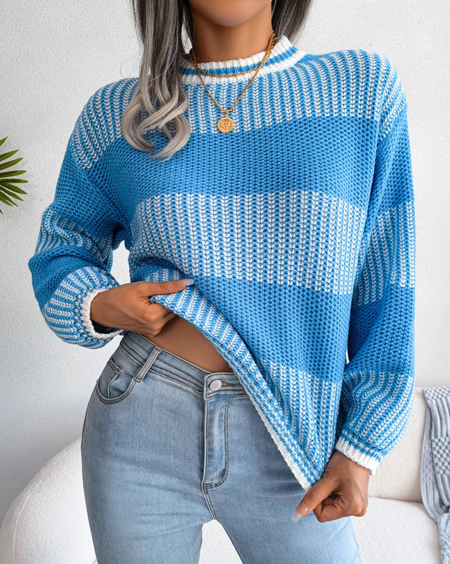 Contrast Striped Round Neck Pullover