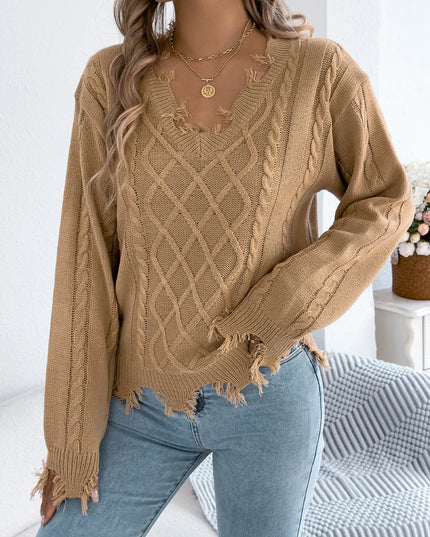 Ripped Tassel Lantern Sleeve Knit Sweater