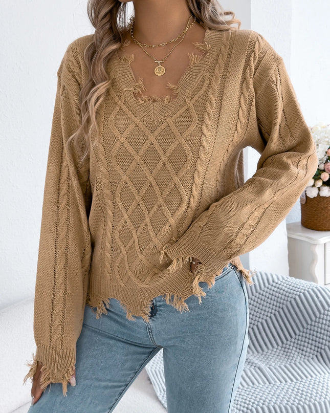 Ripped Tassel Lantern Sleeve Knit Sweater
