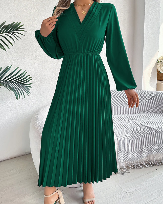 V Neck High Waist Pleated Maxi Dress