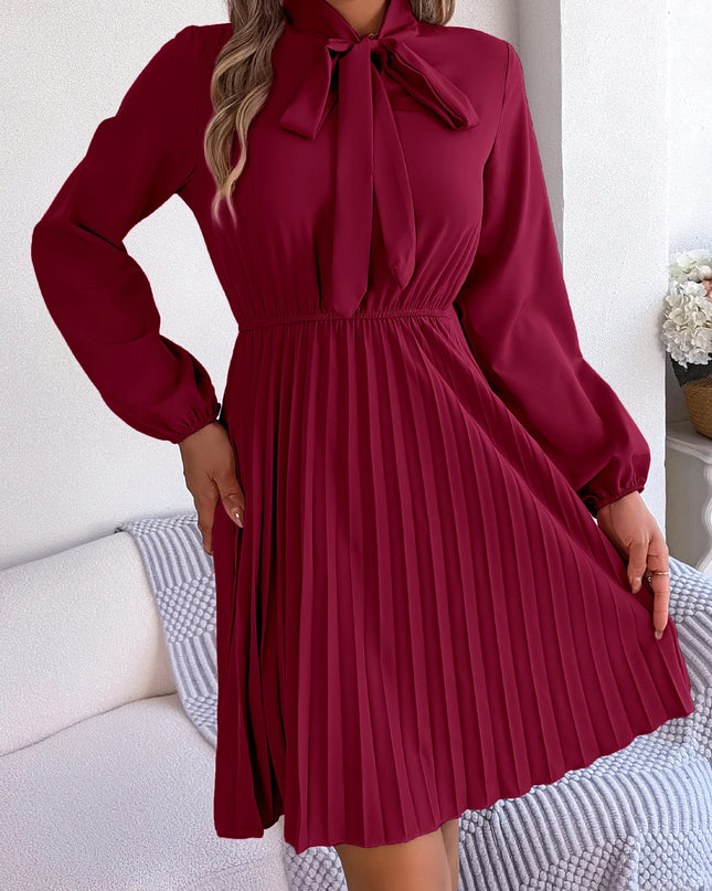 Bow Long Sleeve Chiffon Pleated Dress