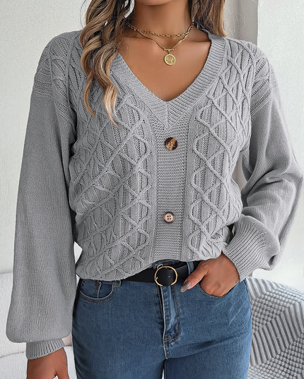 V Neck Buttons Twist Knit Sweater