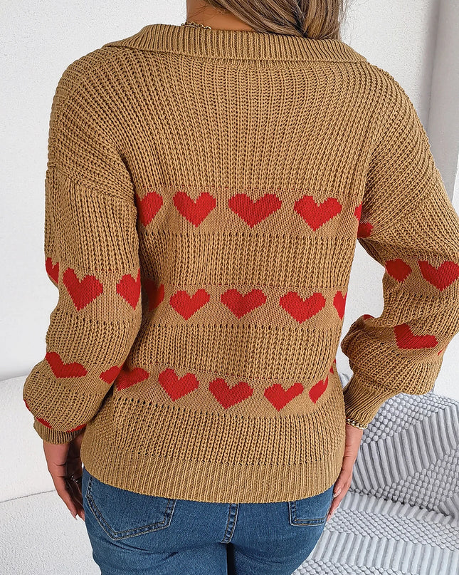 V Neck Heart Pattern Pullover