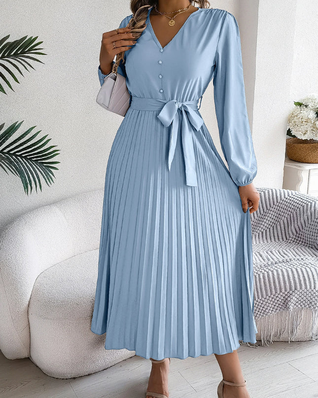 Button V Neck Lace Up Pleated Dress