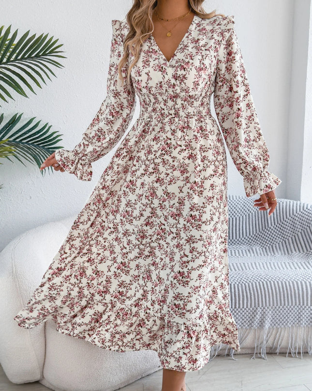 V Neck Floral Ruffled Maxi Dress
