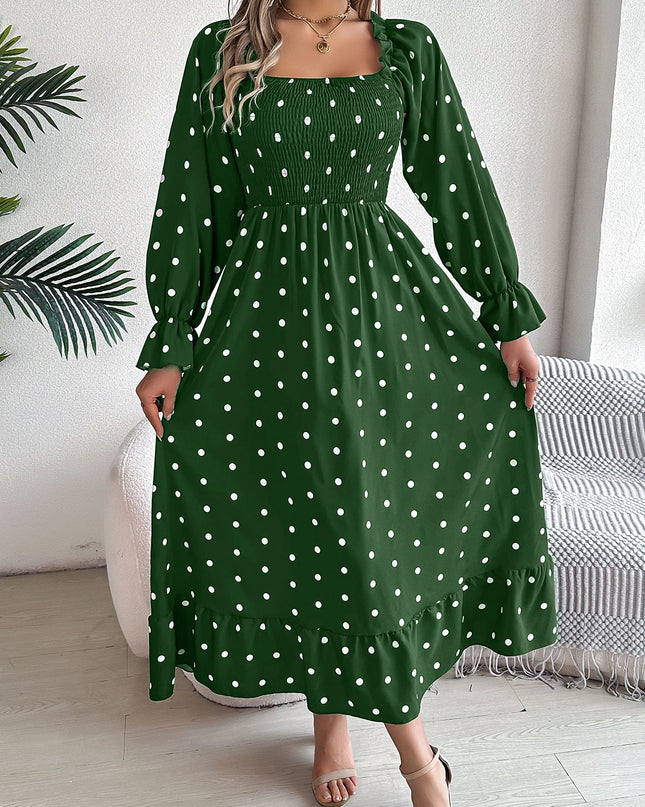 Polka Dot Square Neck Long Dress