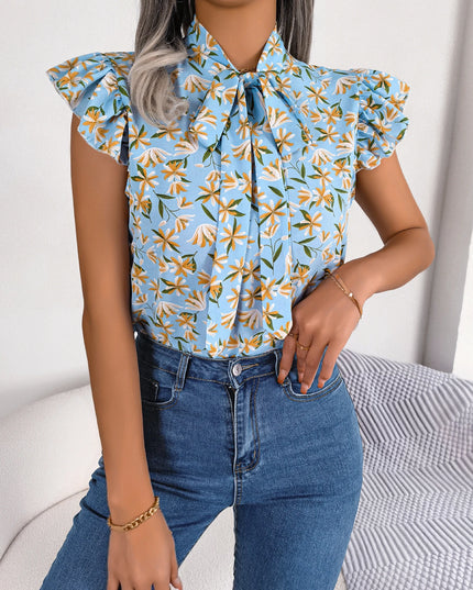 Floral Bow Ruffle Chiffon Blouse