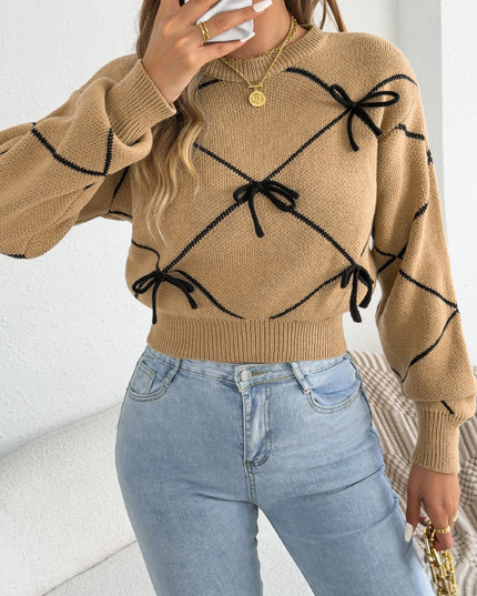 Contrast Bow Knit Lantern Sleeve Sweater