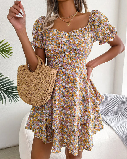 Floral Pleated Short Sleeve Dress