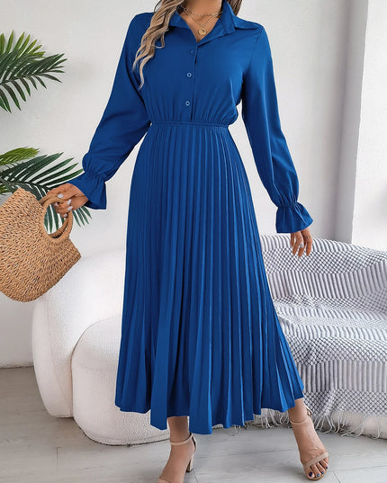 Solid Color Polo Neck Flare Dress