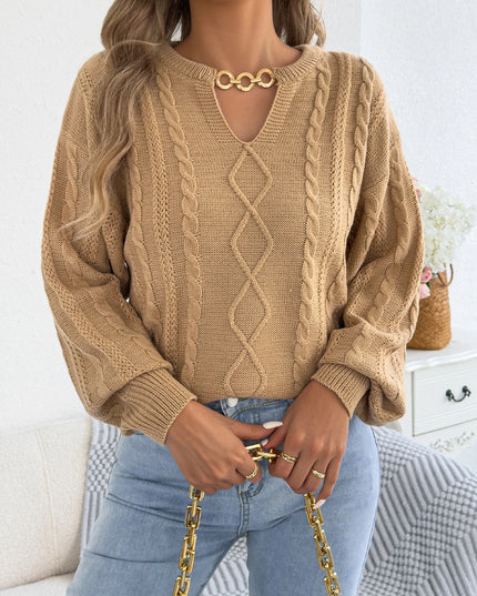 Metal Chain V Neck Twist Sweater