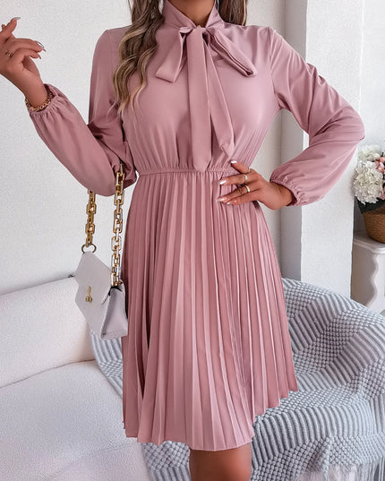 Bow Long Sleeve Chiffon Pleated Dress