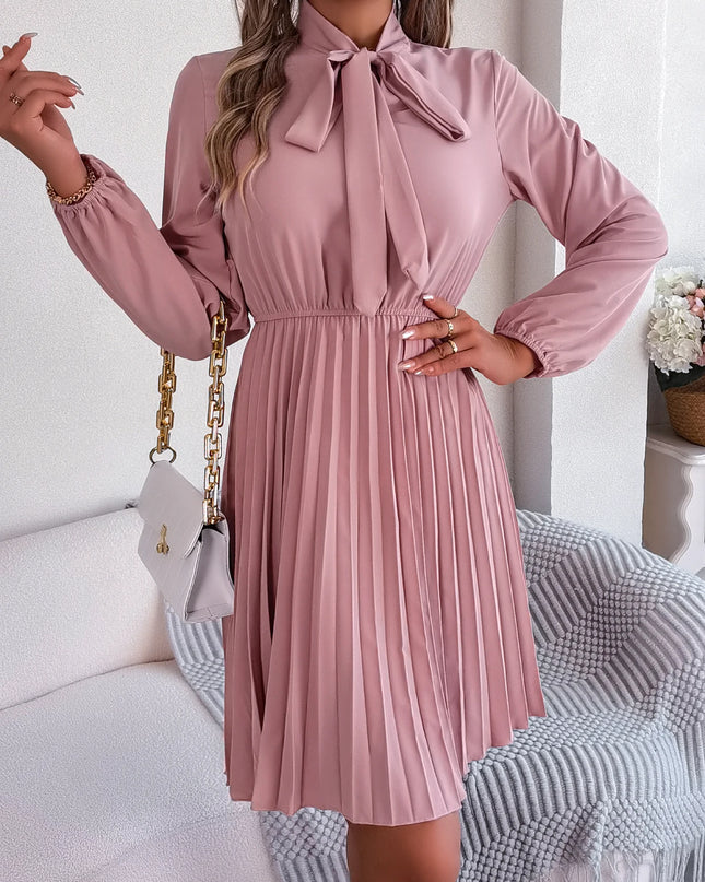 Bow Long Sleeve Chiffon Pleated Dress