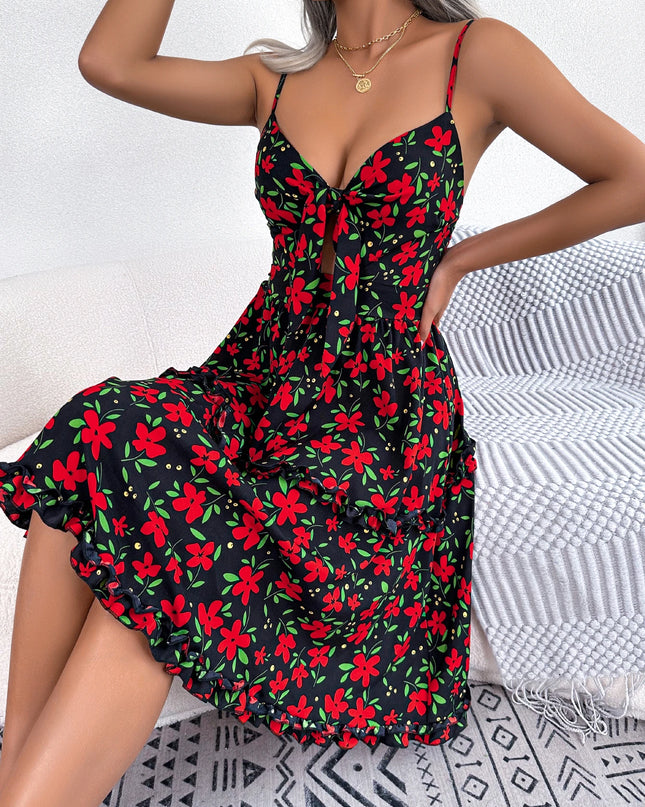 Lace Up Floral Ruffled A Line Dress