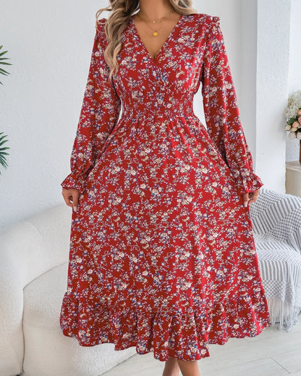 V Neck Floral Ruffled Maxi Dress