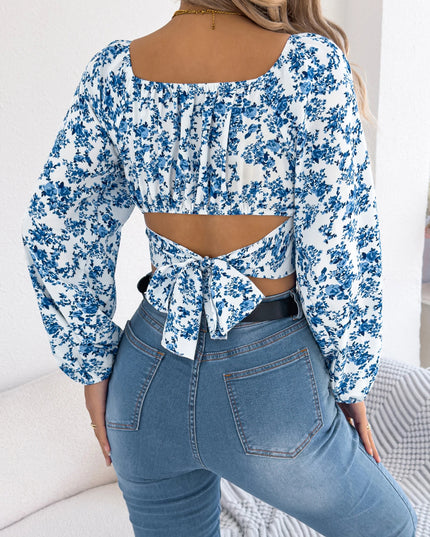 Floral Print Square Neck Chiffon Crop Top