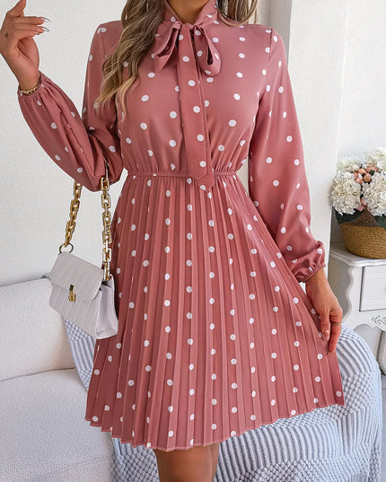 Polka Dot Lace-Up Pleated Dress