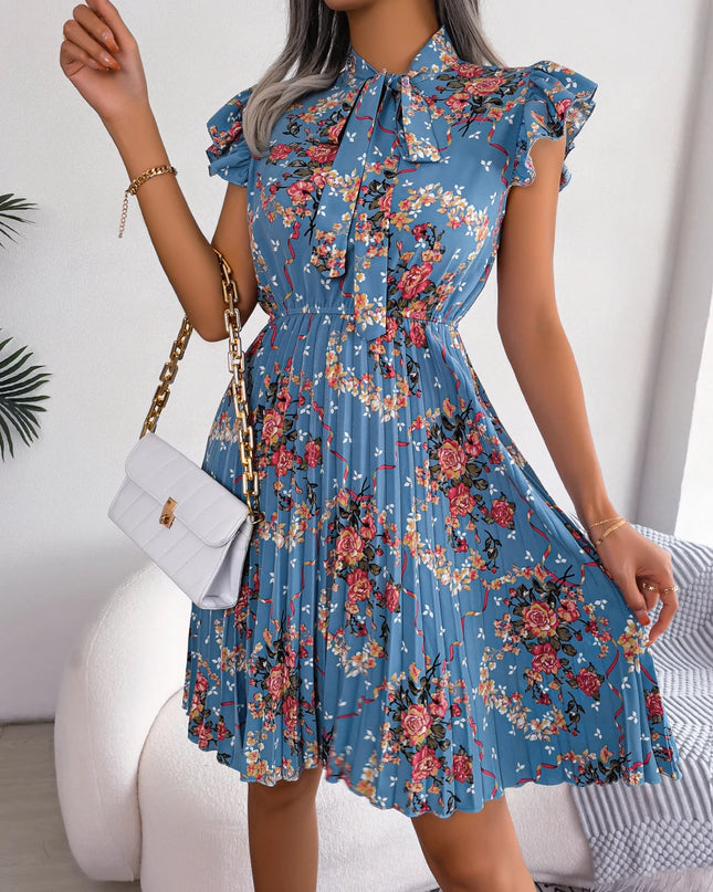 Floral Print Bow Slim Waist Pleated Dress