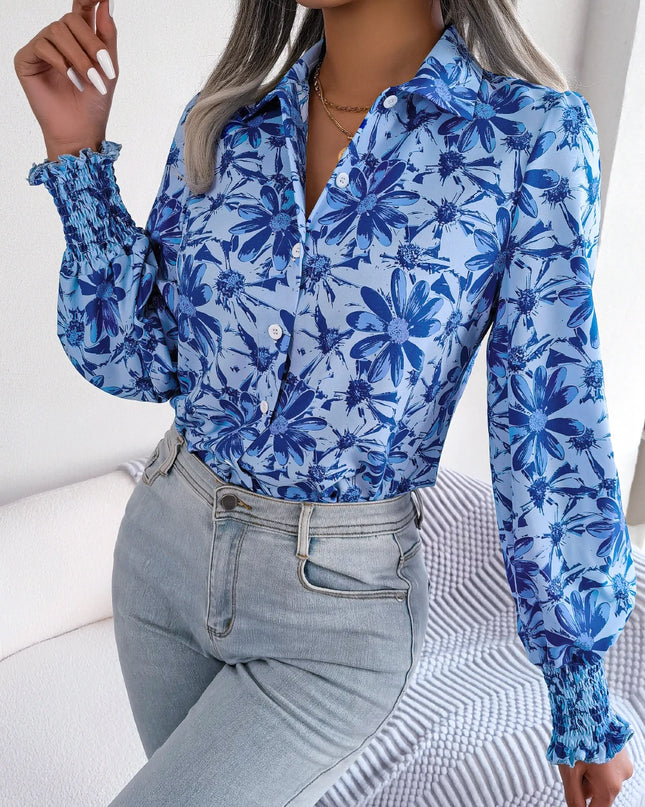 Floral Chiffon Lantern Sleeve Shirt