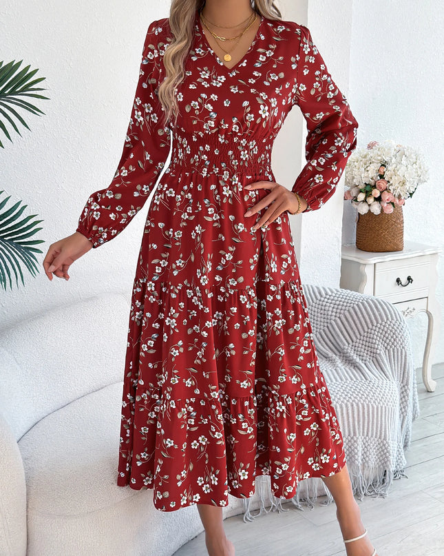 Floral Long Sleeve V-Neck Dress