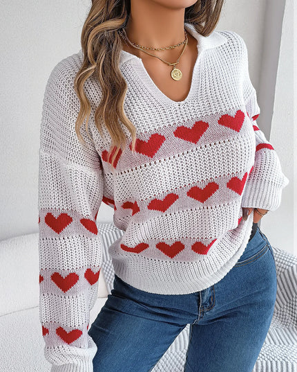 V Neck Heart Pattern Pullover