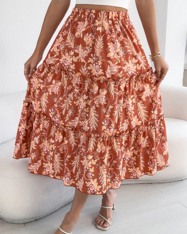 Floral Print Elastic Waist Ruffled Skirt