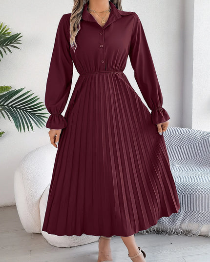 Solid Color Polo Neck Flare Dress