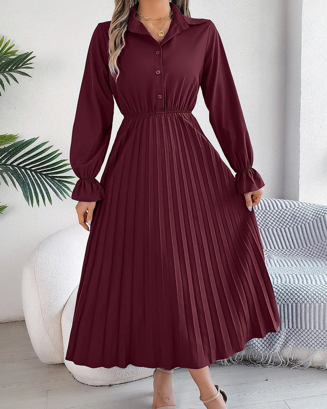 Solid Color Polo Neck Flare Dress