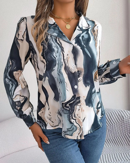 Notched Long Sleeve Single Breasted Blouse