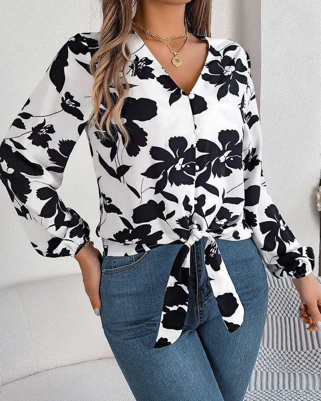 Flower Print Lace Up Bow Chiffon Blouse