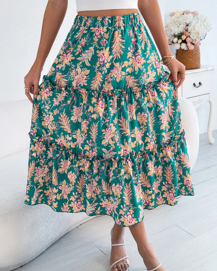 Floral Print Elastic Waist Ruffled Skirt