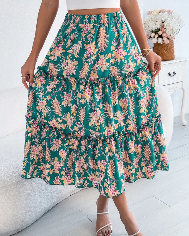 Floral Print Elastic Waist Ruffled Skirt