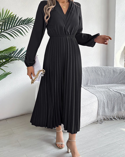V Neck High Waist Pleated Maxi Dress