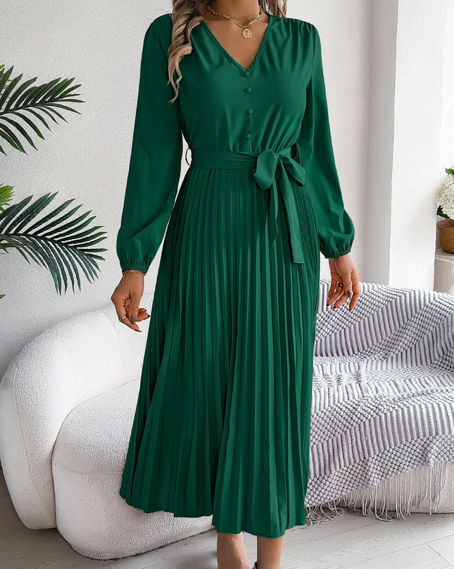 Button V Neck Lace Up Pleated Dress