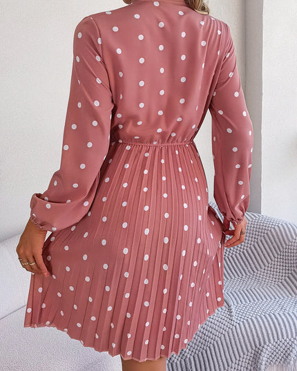 Polka Dot Lace-Up Pleated Dress