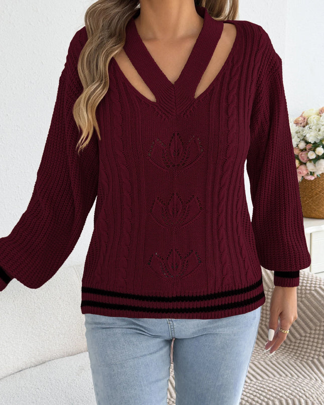 Floral Hollow Out Striped Sweater