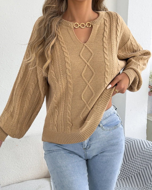 Metal Chain V Neck Twist Sweater