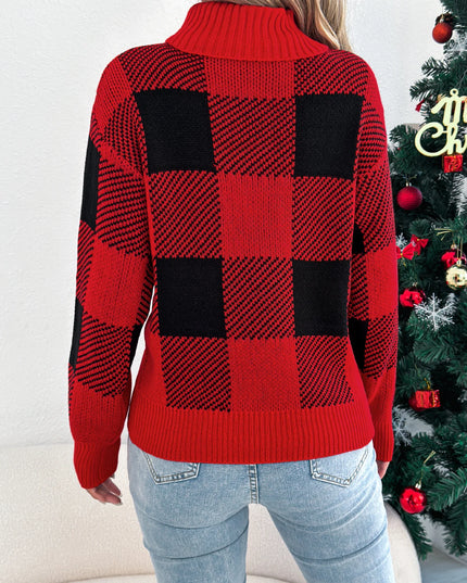 Plaid High Neck Pullover Sweater