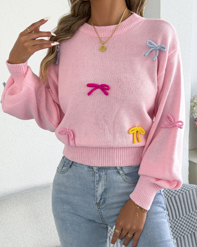 Contrast Bow Lantern-Sleeve Knit Sweater