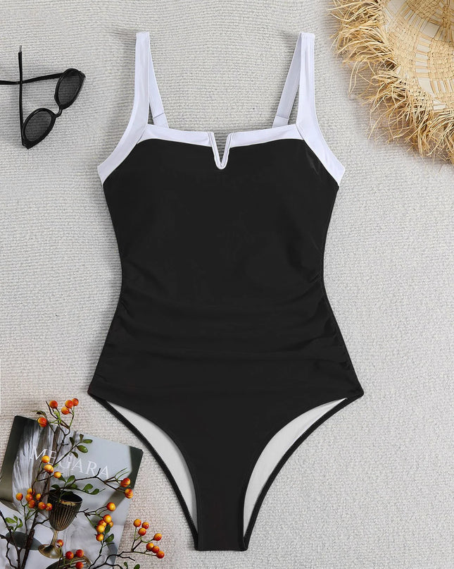 2025 New Summer Sexy High Waist one-piece Bikini Women's V-neck Sling Swimsuit Color matching Swimwear Gathered Tight Beachwear