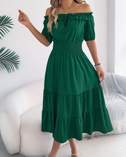 Off Shoulder Waist Cinched Lotus Leaf Edge Dress