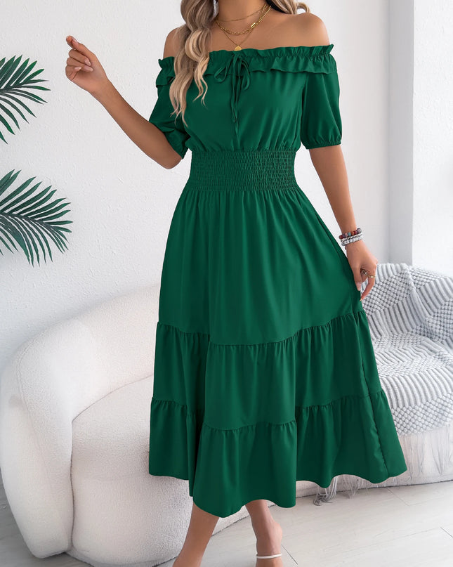 Off Shoulder Waist Cinched Lotus Leaf Edge Dress