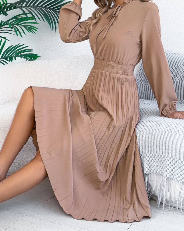 V Neck Lace Up Pleated Maxi Dress