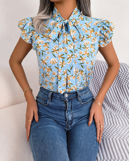 Floral Bow Ruffle Chiffon Blouse